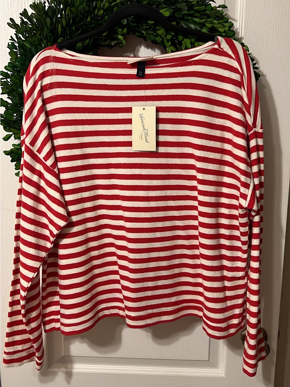Universal Thread Red & White Striped Long-Sleeve Boatneck Top